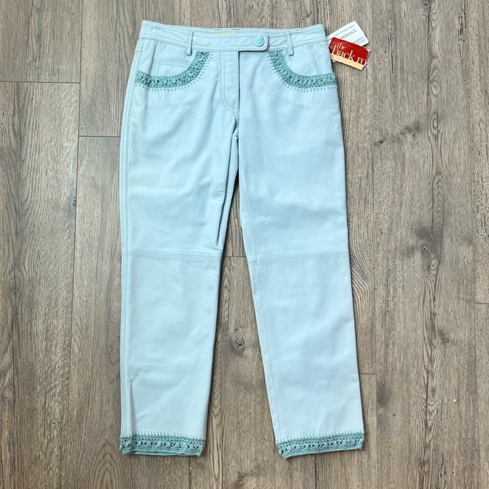 NWT Catherine Malandrino Blue Leather Pants Lace Crochet Embroidered Pocket Sz 2
